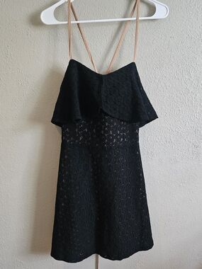 Custom Made Black Lace Mini Dress W/Nude Lining & Straps Size US M